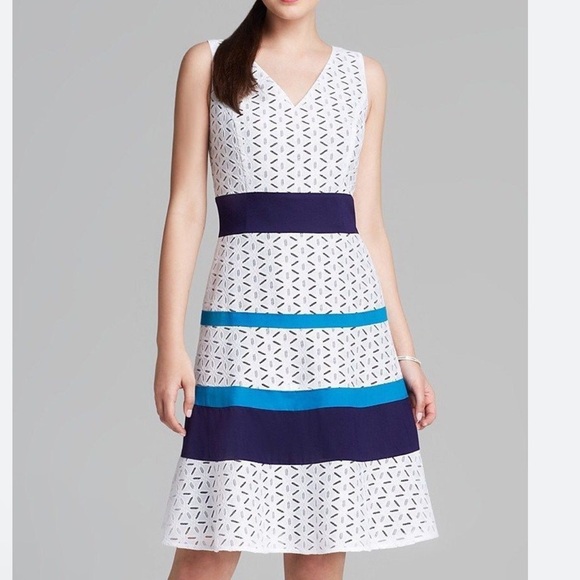 Anne Klein Dresses & Skirts - Anne Klein White Eyelet Midi Dress with Navy and Teal Bands 20W